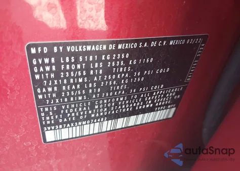 2022 Volkswagen Tiguan 2.0T Se z USA, uszkodzony, nr VIN 3VV3B7AX3NM074482